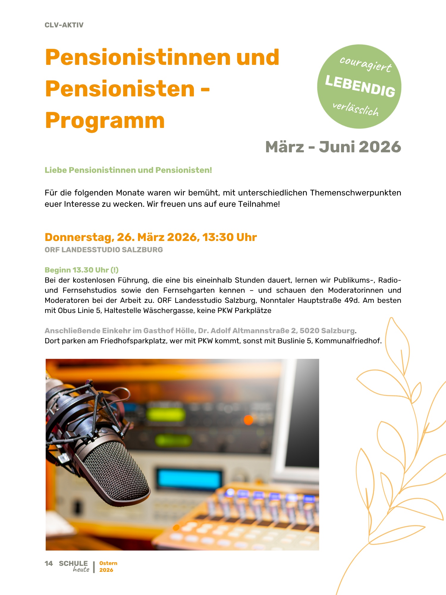 Programm der CLV Pensionisten März bis Juni 2026, Seite 1